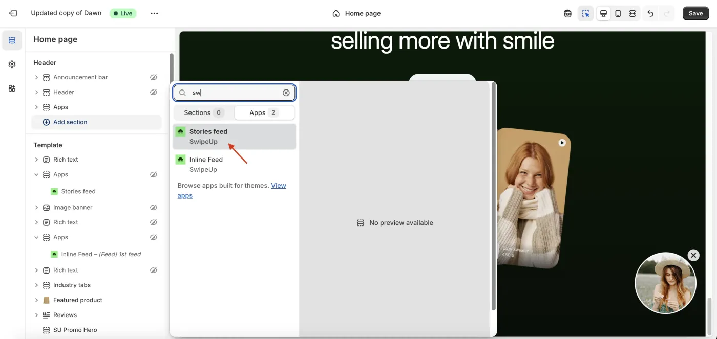 Add SwipeUp Stories section