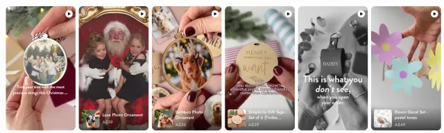 Arlo & Co video feed with ornament and gift-tag clips above matching product cards