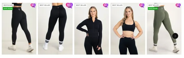Athletic Bee product cards showing leggings and matching activewear sets