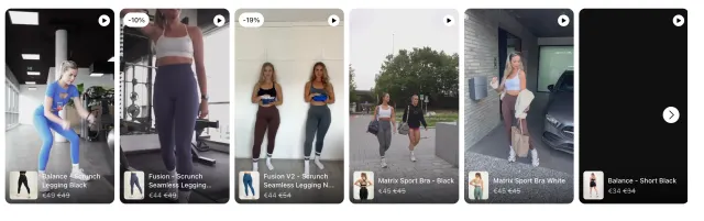 Athletic Bee shoppable video cards showing activewear in a gym and outdoors with product labels