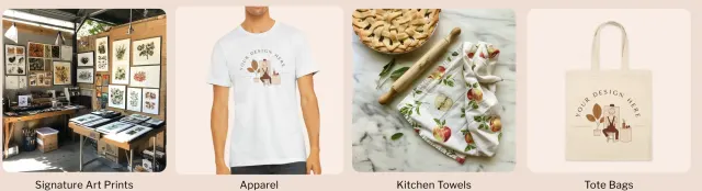 Canvastry Wholesale category cards for art prints, apparel, kitchen towels and tote bags
