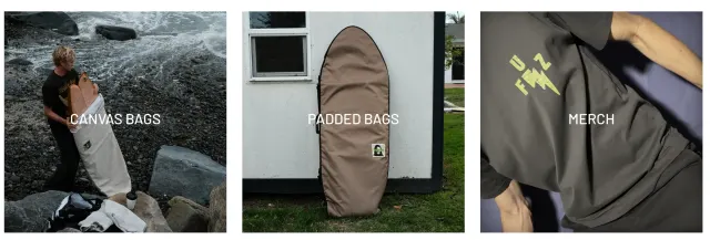 Green Fuz storefront category panels for canvas surfboard bags, padded bags and merchandise
