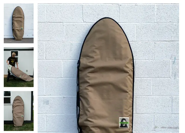 Green Fuz padded surfboard bag product gallery with a close-up and a person holding the bag